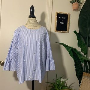 Blue & White Striped Blouse with Pearls